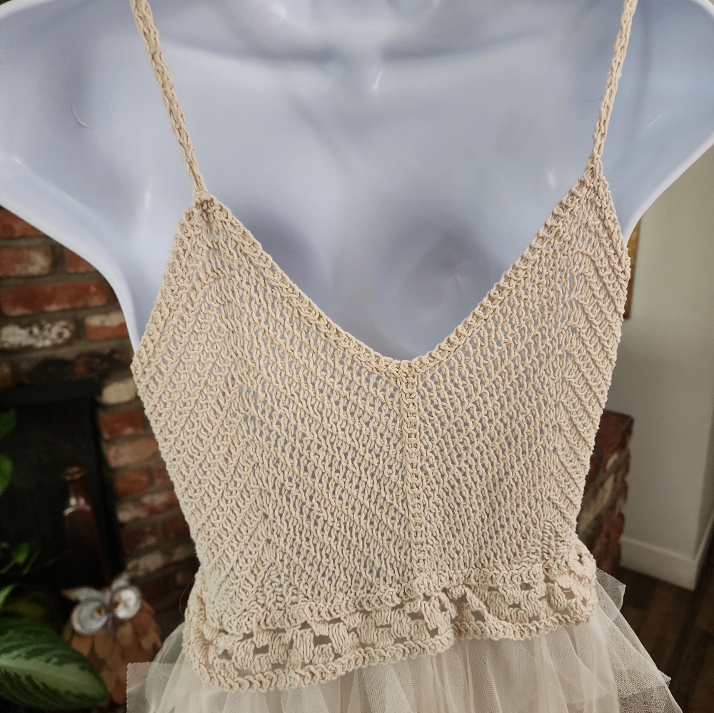 Lollita Cream Tulle Maxi Dress Crochet Bodice Boho Cottagecore Bridal Ethereal - Picture 5 of 15
